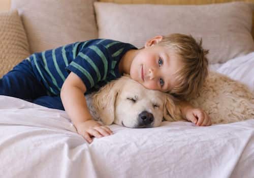 Child hugging dog before at home pet euthanasia in Fort Worth